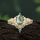 The Graceful Hexagon - Cut 6 Prong Natural Moss Agate Engagement Ring
